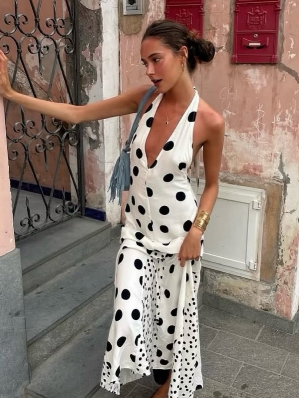 Polka Dot Halter Maxi Dress in White and Black